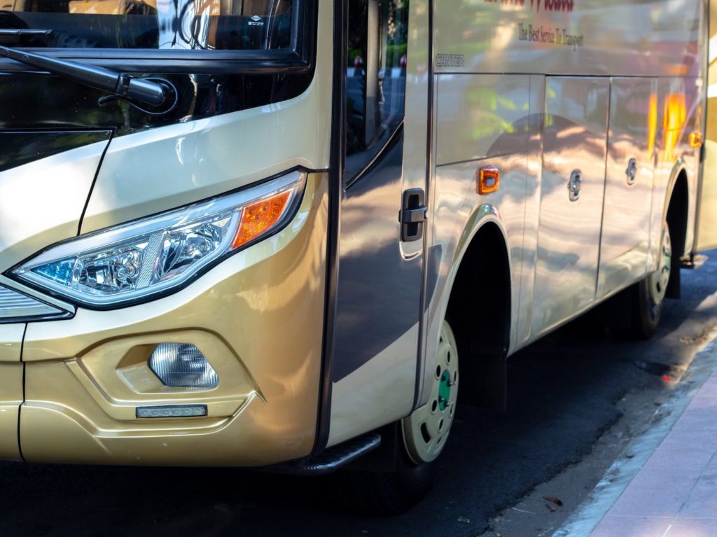 white and brown bus