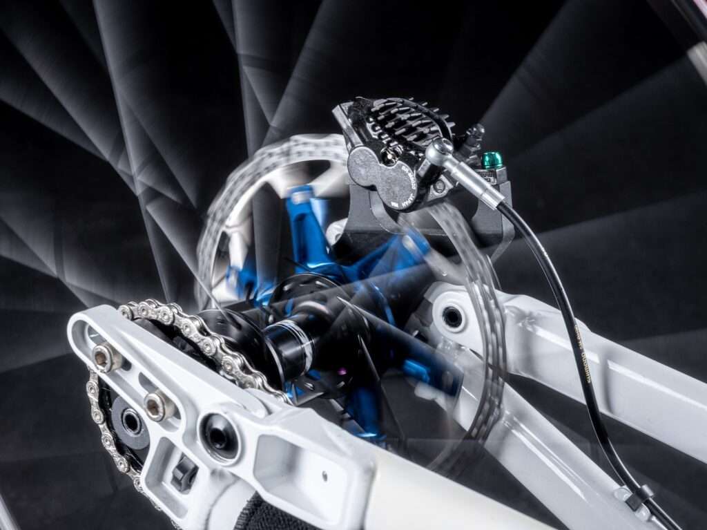a close up of a bike's front wheel