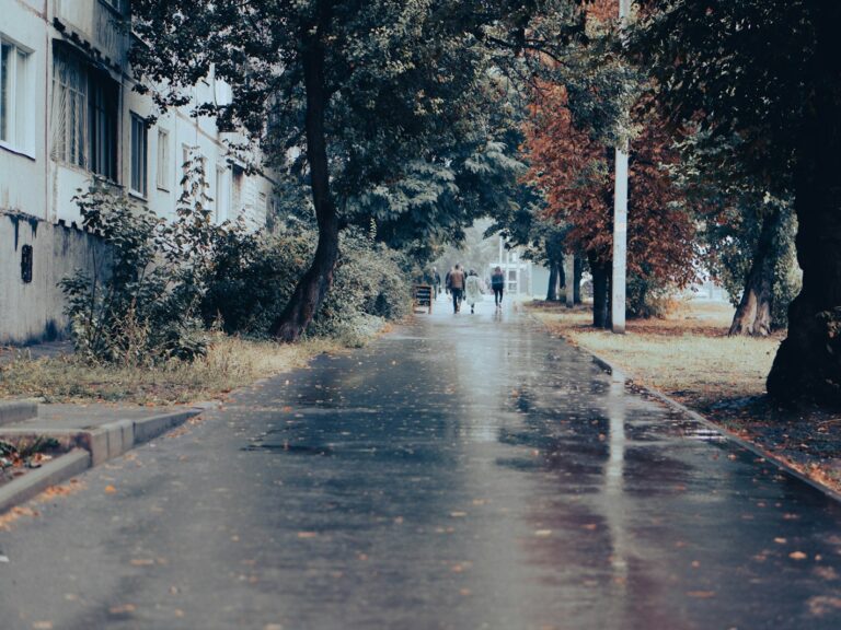 a wet street with people walking down it