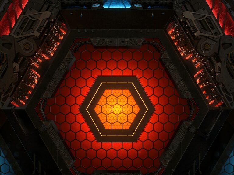 a red and yellow hexagonal structure with lights
